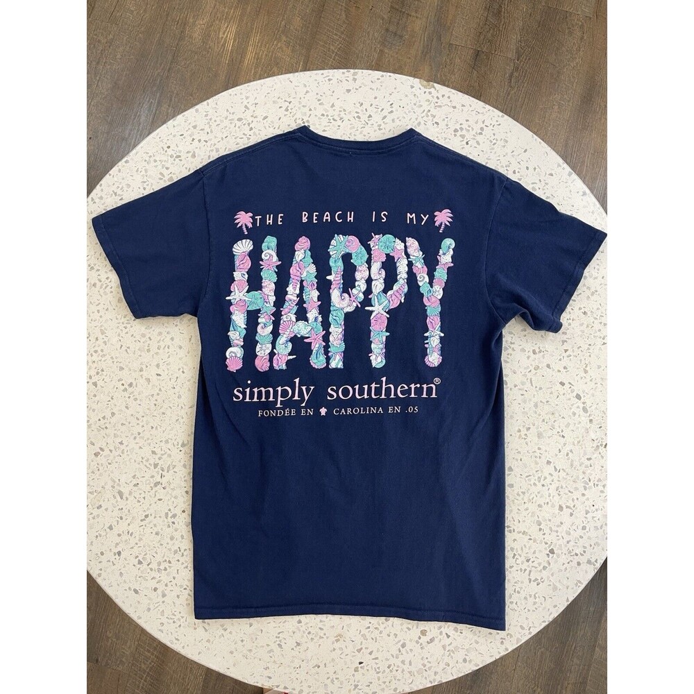 Simply Southern Womens Medium Navy Shirt The Beach is My Happy Seashells Preppy